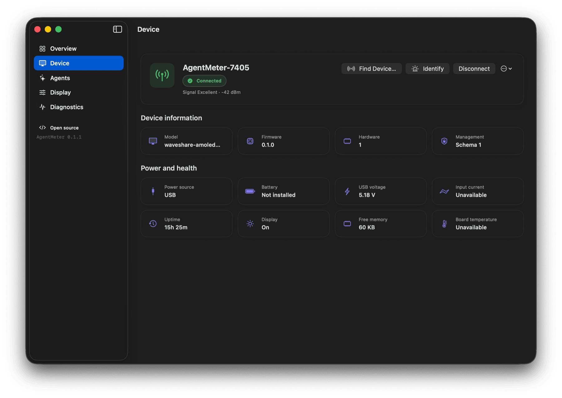 Connected AgentMeter device page with Bluetooth signal, USB power, and firmware telemetry