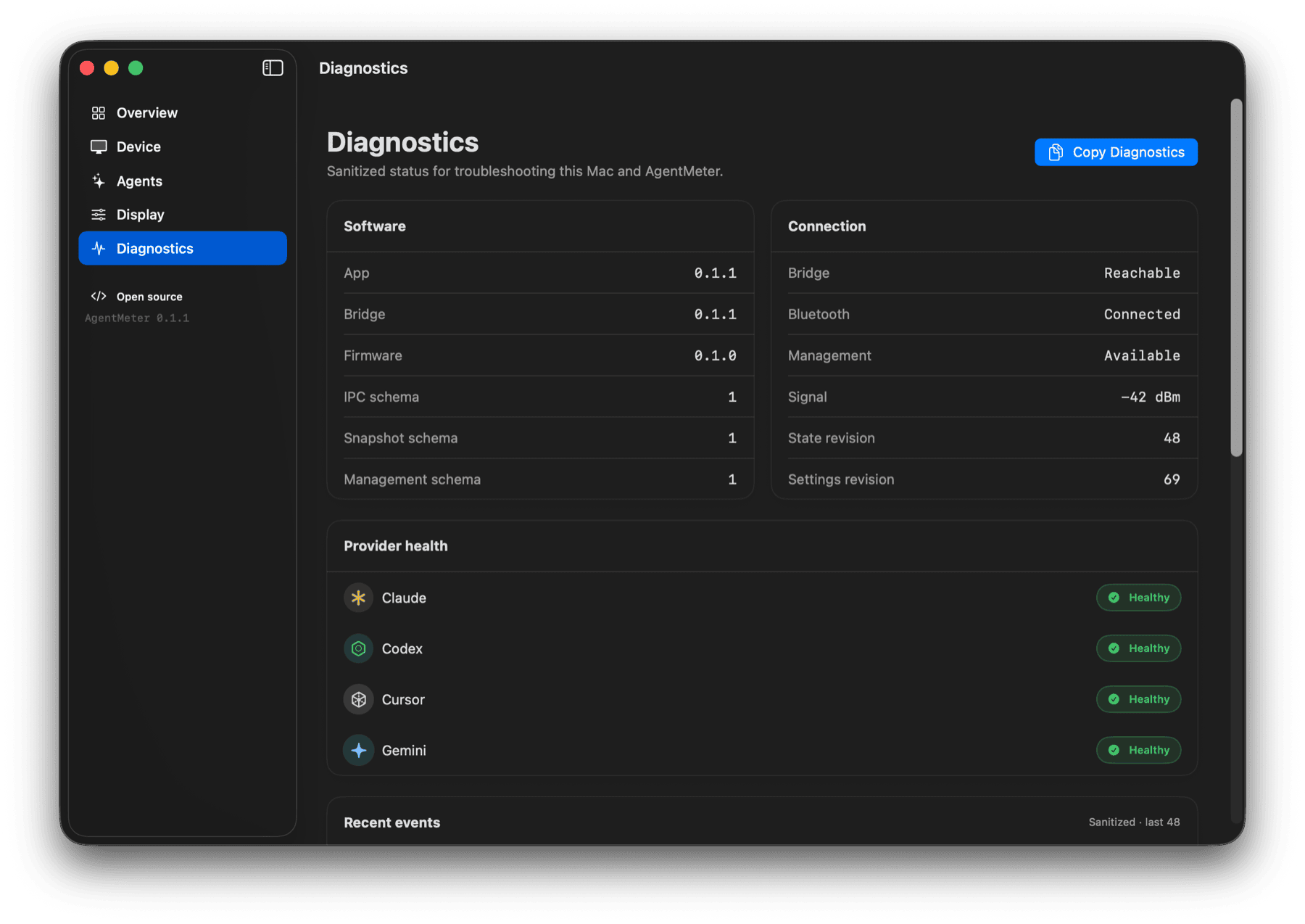 AgentMeter diagnostics page with bridge health, Bluetooth details, storage controls, and recent sanitized events
