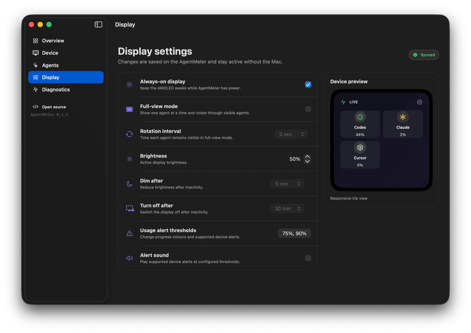 AgentMeter macOS display settings with always-on mode, rotation, brightness, sleep, and alerts