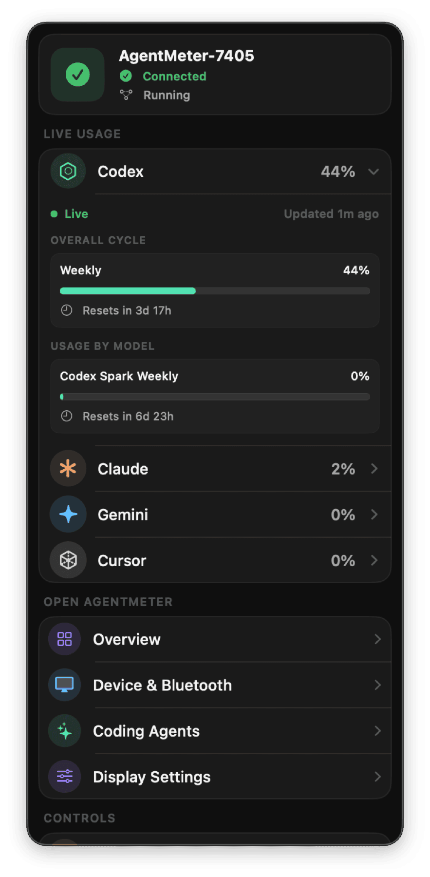 Expanded Codex details inside the AgentMeter menu bar panel
