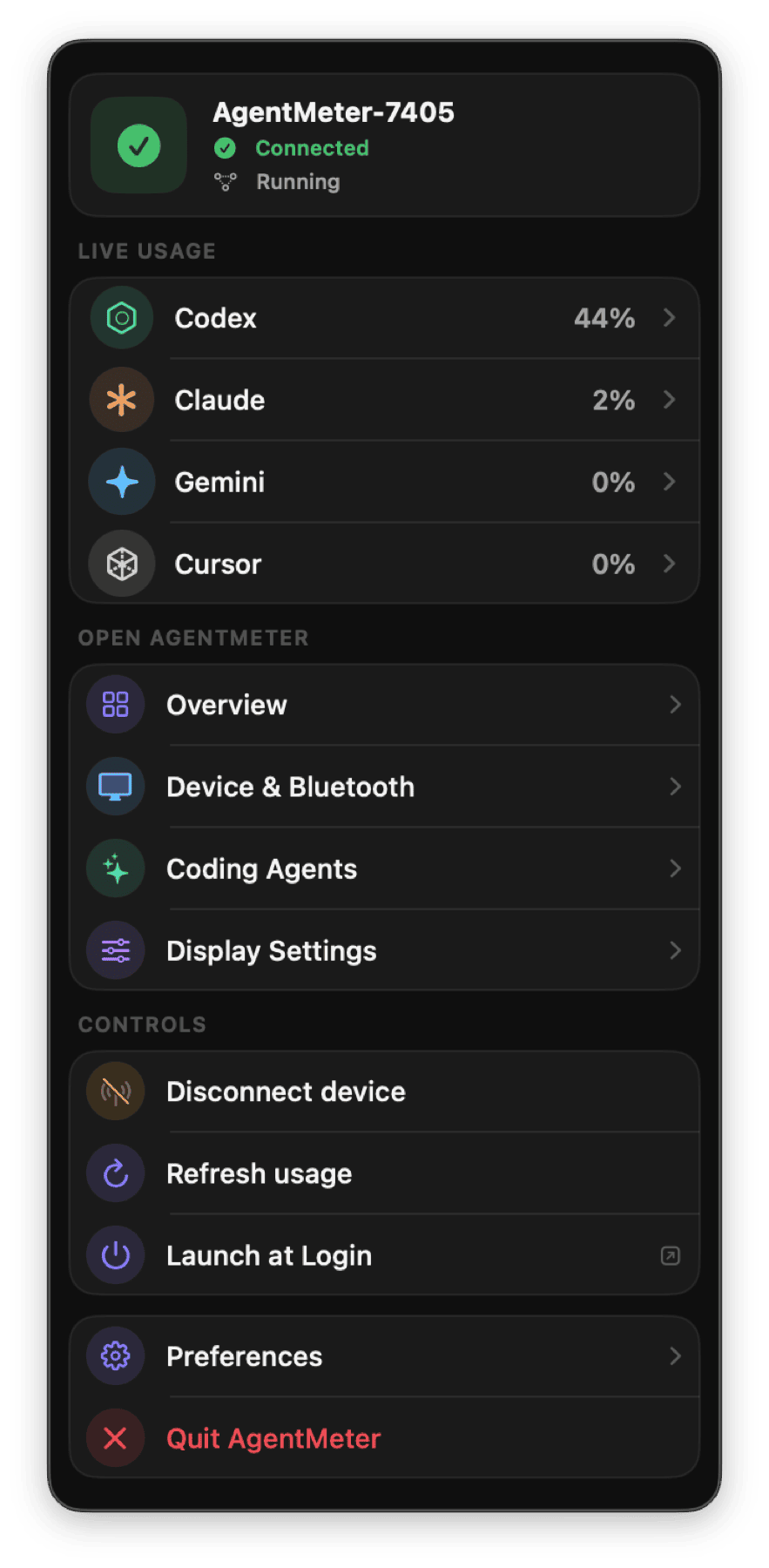 AgentMeter menu bar panel with connection state, live provider percentages, navigation, and controls