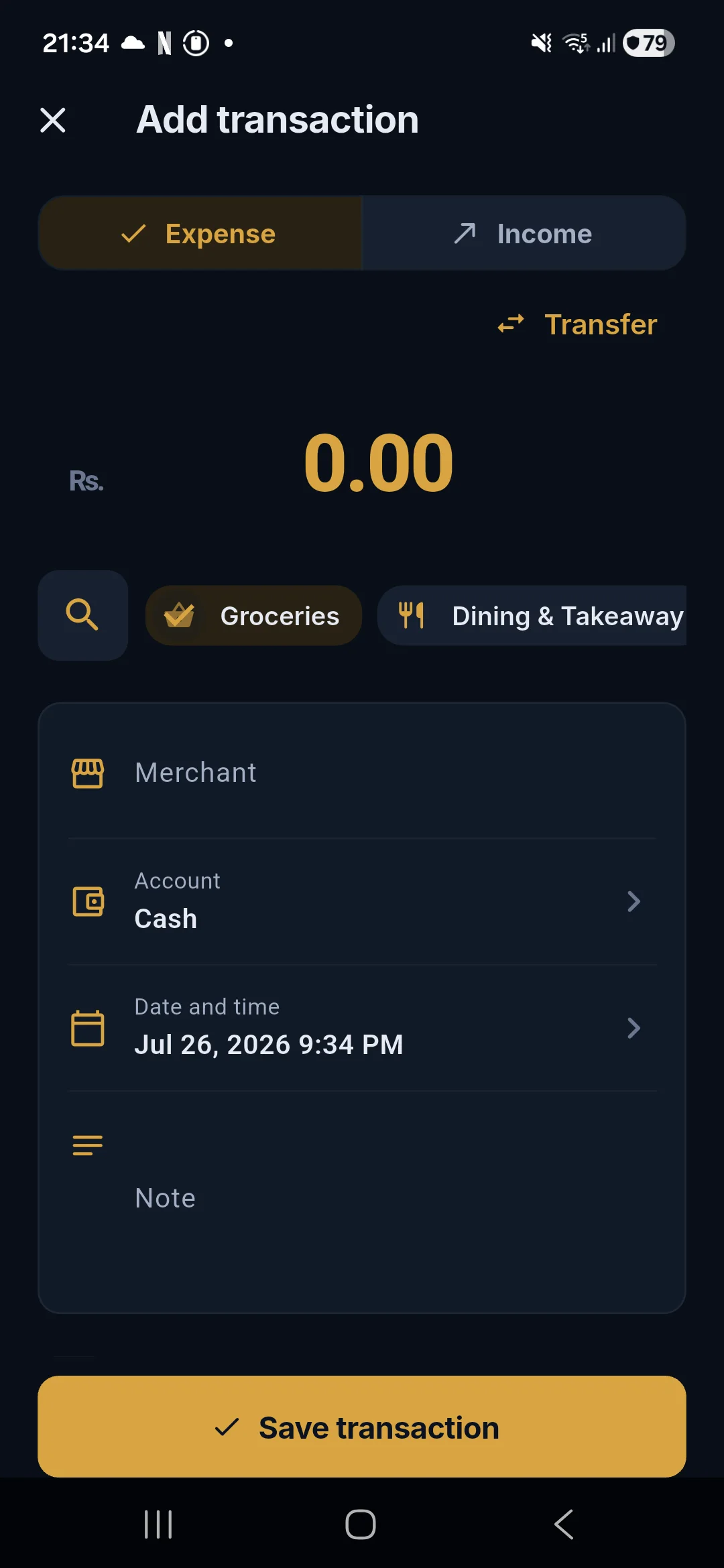 Salli full-screen transaction editor with expense and income modes