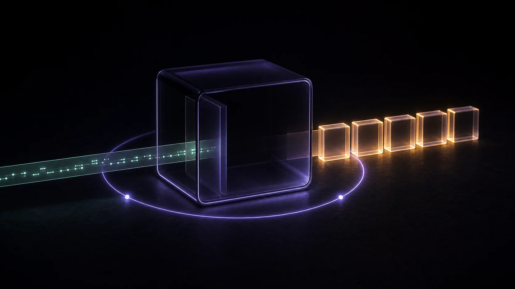 A private glass ledger turns an incoming emerald message signal into an ordered row of warm ledger entries